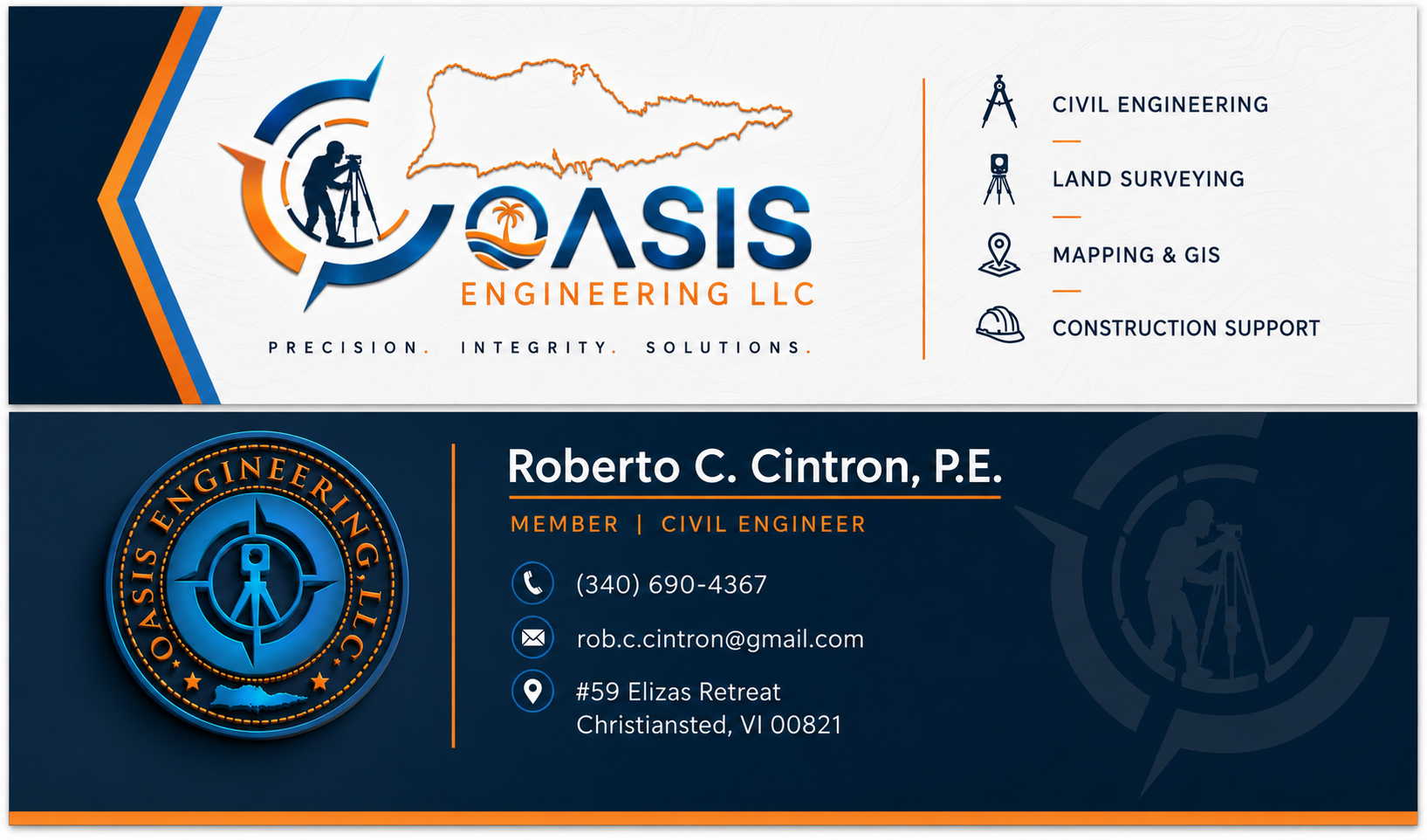 Oasis Engineering business card showing services and contact details for Roberto C. Cintron, P.E.